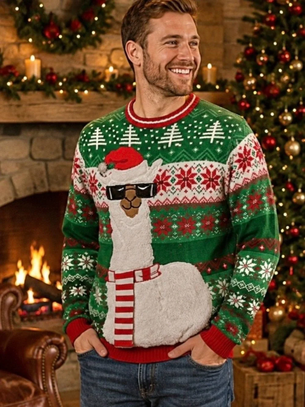 Ugly Christmas Green Sweater Blizzard Bay Llama In Sunglasses Scarf Unisex Sz L